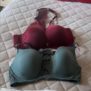 Victoria Secret 34D front close Demi Bra’s Set - Sangria Wine & olive green BNWT